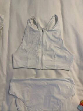 WeWoreWhat White Zip Crop Bikini Top & High Waist Bottoms